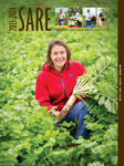 SARE's 2013 cover featuring a woman smiling holding a large harvested turnip in a field.