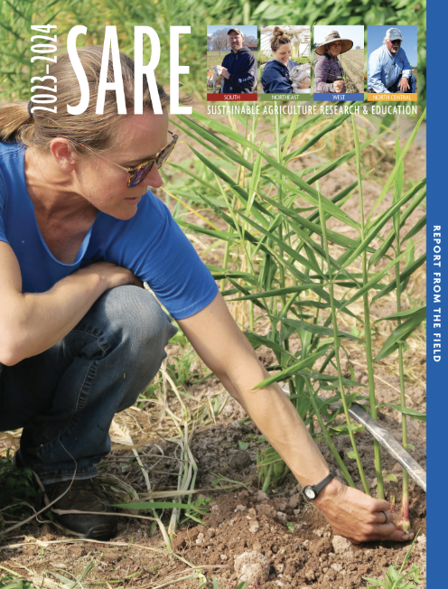 SARE 2024 report from the filed with woman kneeling looking at plants