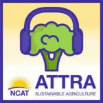 A head of broccoli wearing a pair of blue headphones with the text ATTRA Sustainable Agriculture.