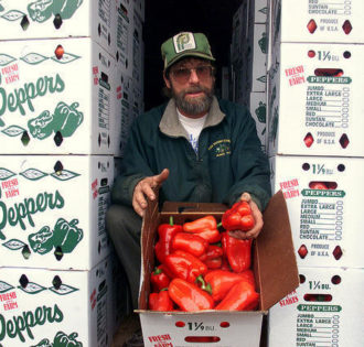 A man sitting with an open box of peppers sitting amongst several boxes of packaged peppers