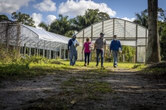 Four people walking away from big structured greenhouses onto a shaded trail