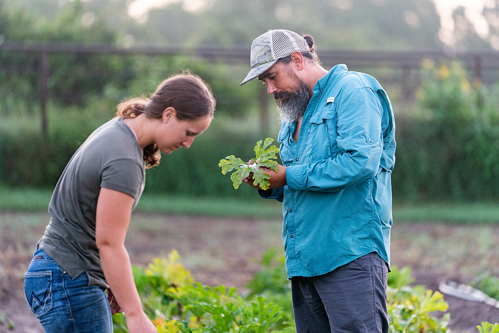 two farmers in the field looking down