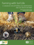 Cover of Farming with Soil Life book, boots on the ground, showing soil and a few insect images