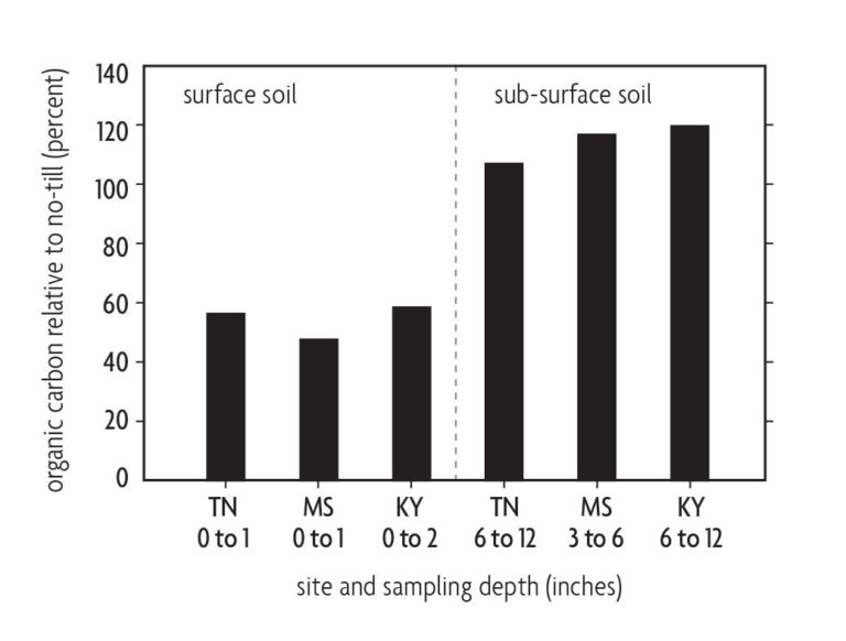 Bar graph comparing organic carbon relative to no-till and site and sampling depth in different states