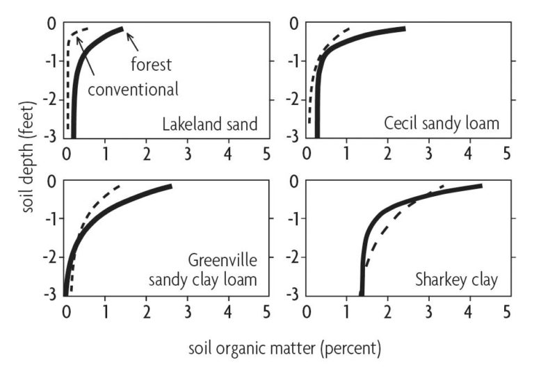 Figure 3.1 Four different line charts comparing soil depth to soil organic matter in different types of soil