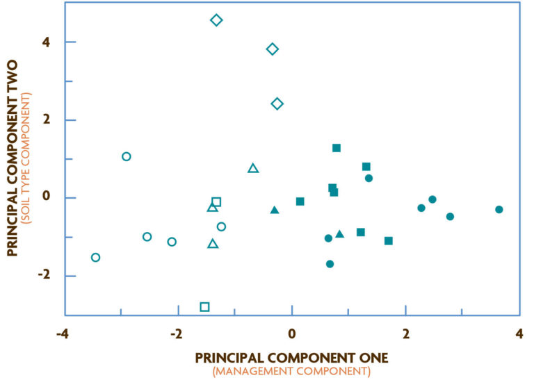 Graph of Use of Principle Component Analysis to Identify Source of Soils Variability Between Organic and Conventional Fields
