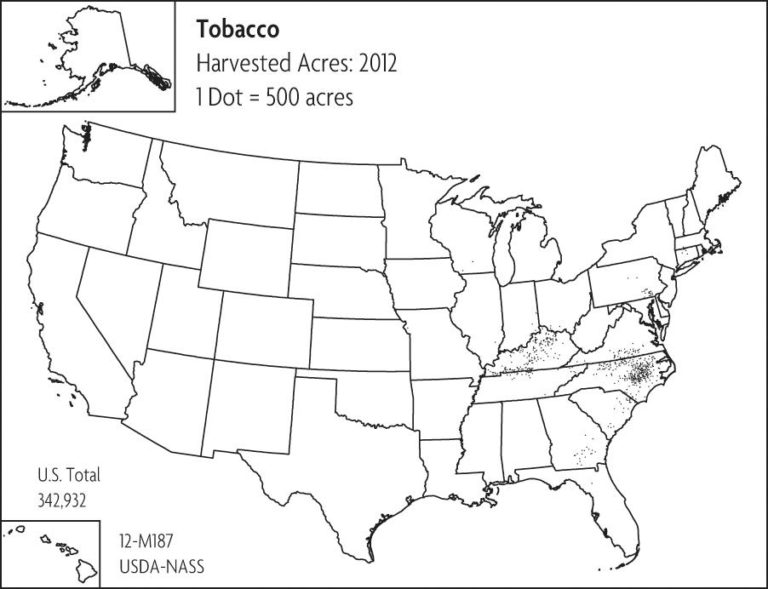 A map of the United States showing marks for where tobacco is planted