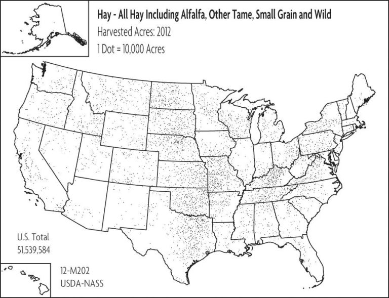 A map of the United States showing marks for where hay is planted and harvested