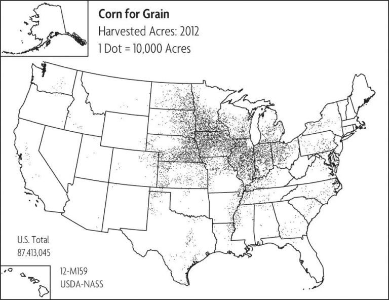 A map of the United States showing marks for where corn for grain is planted and harvested