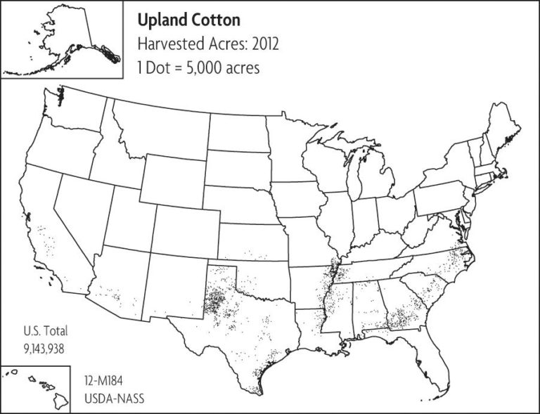 A map of the United States showing marks for where upland cotton is planted
