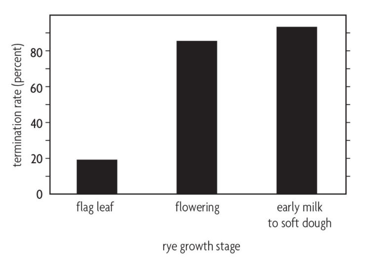 Figure 9.1 A bar chart comparing termination rate and rye growth stage between flag leafs, flowering, and early milk to soft dough