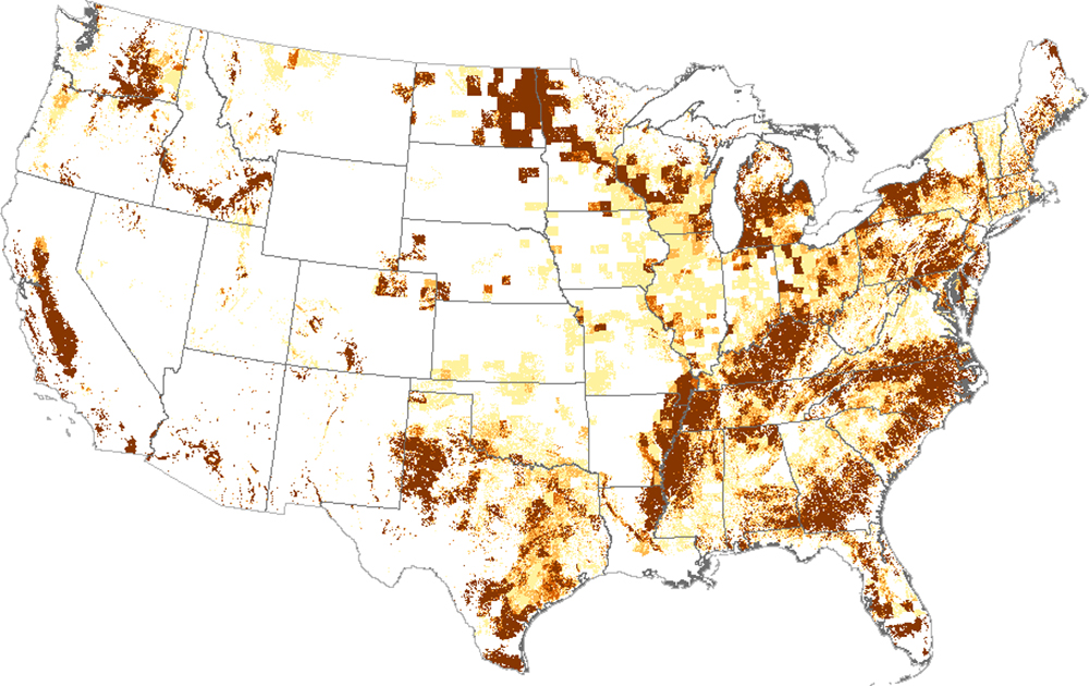 US map with red and yellow markings in the middle and eastern side of the US