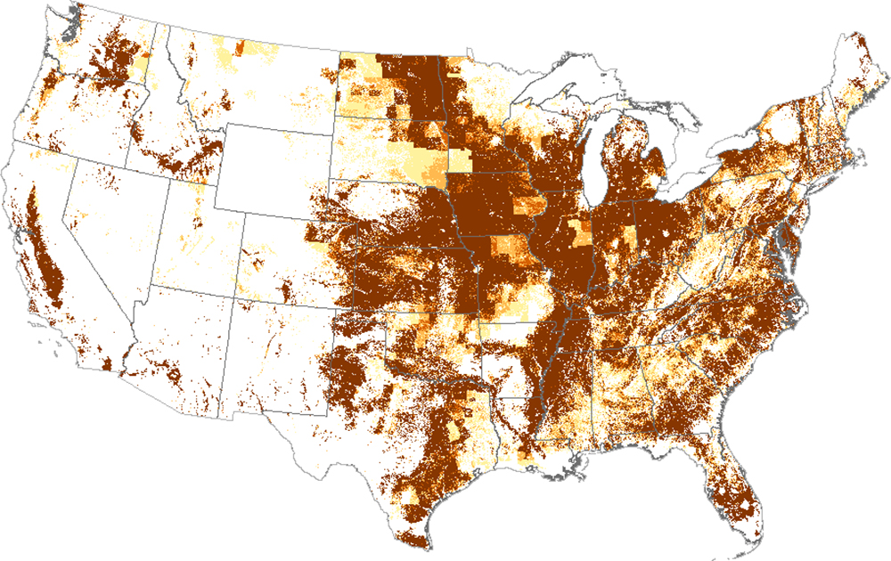 US map with red concentrated markings in the middle of the US