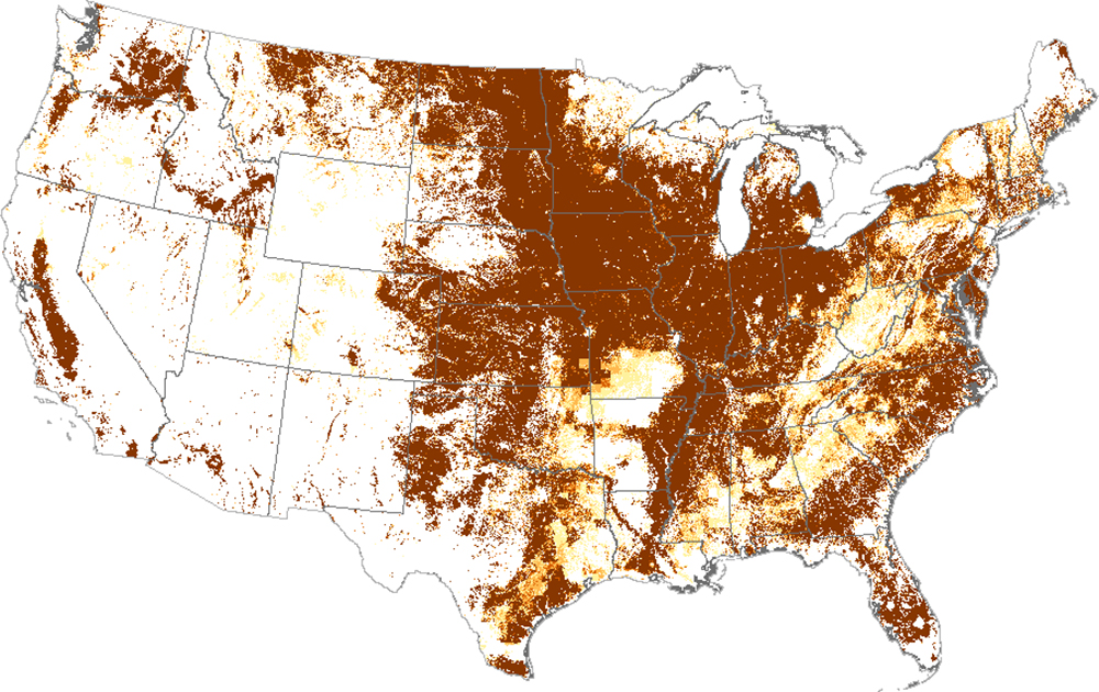 US map with red concentrated markings in the middle of the US