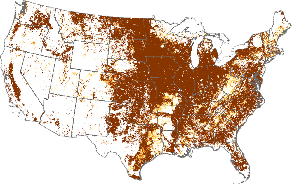 US map with red concentrated markings in the middle and east of the US