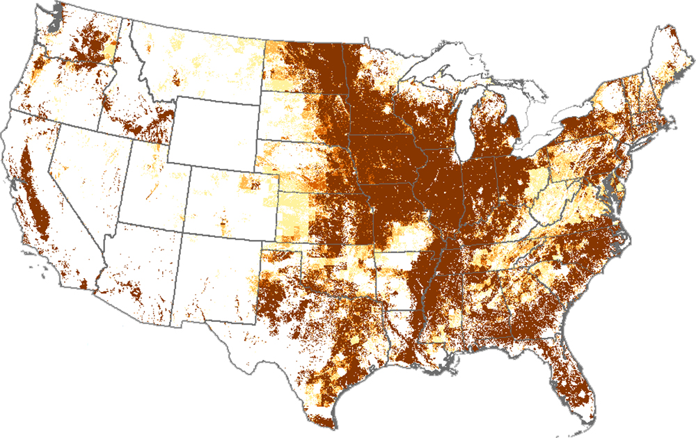 US map with red concentrated markings in the middle of the US