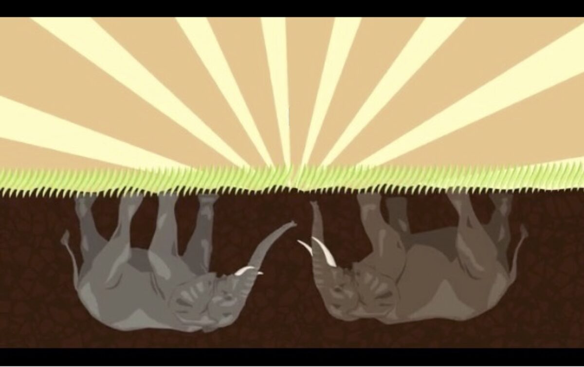 An illustration that shows a grassy field and a deep layer of soil. In the soil are two upside down elephants.