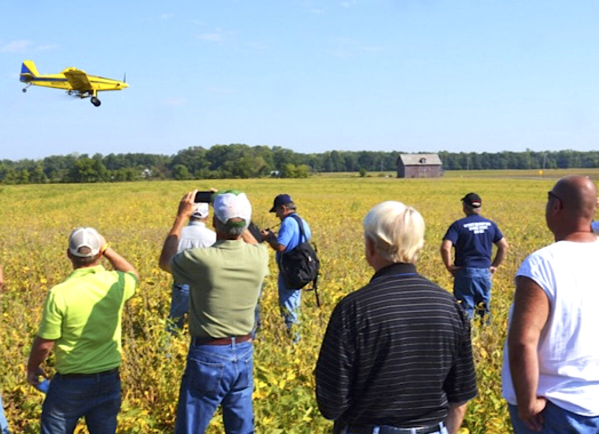 At a demonstration, people are in a field of yellowed soybeans and are watching as an airplane flies low to seed a cover crop.