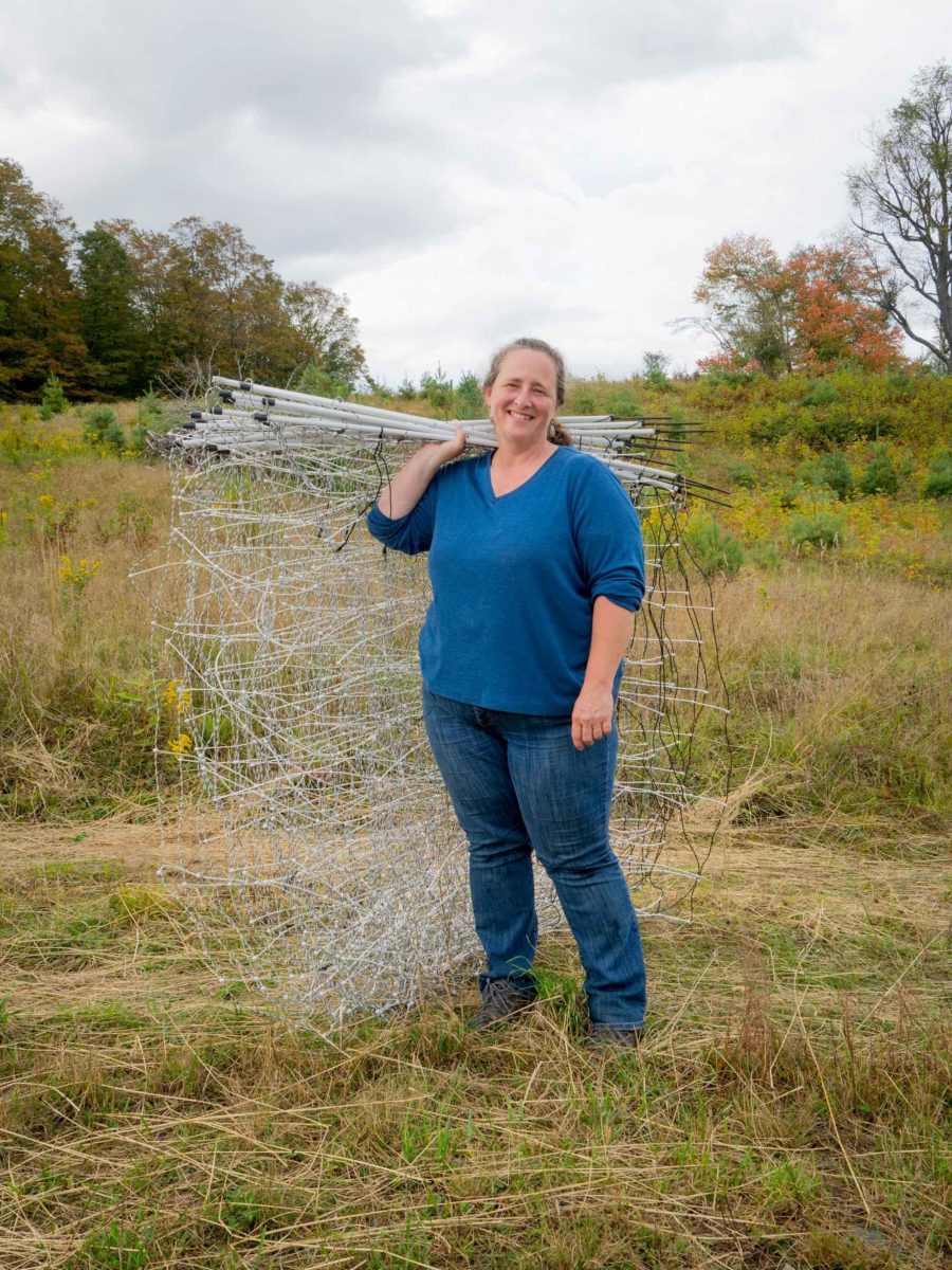 Woman standing in field holding wire fencing Woman standing in field holding wire fencing