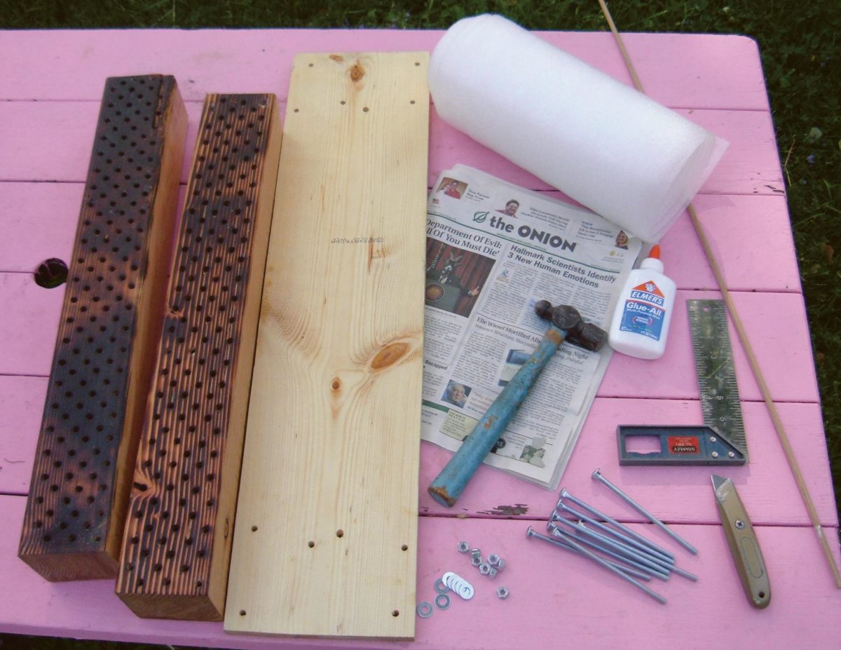 Materials and tools needed for hybrid nest block construction.