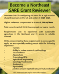 Text about Northeast SARE grant reviewer recruitment overlaid on a laptop held in a field.