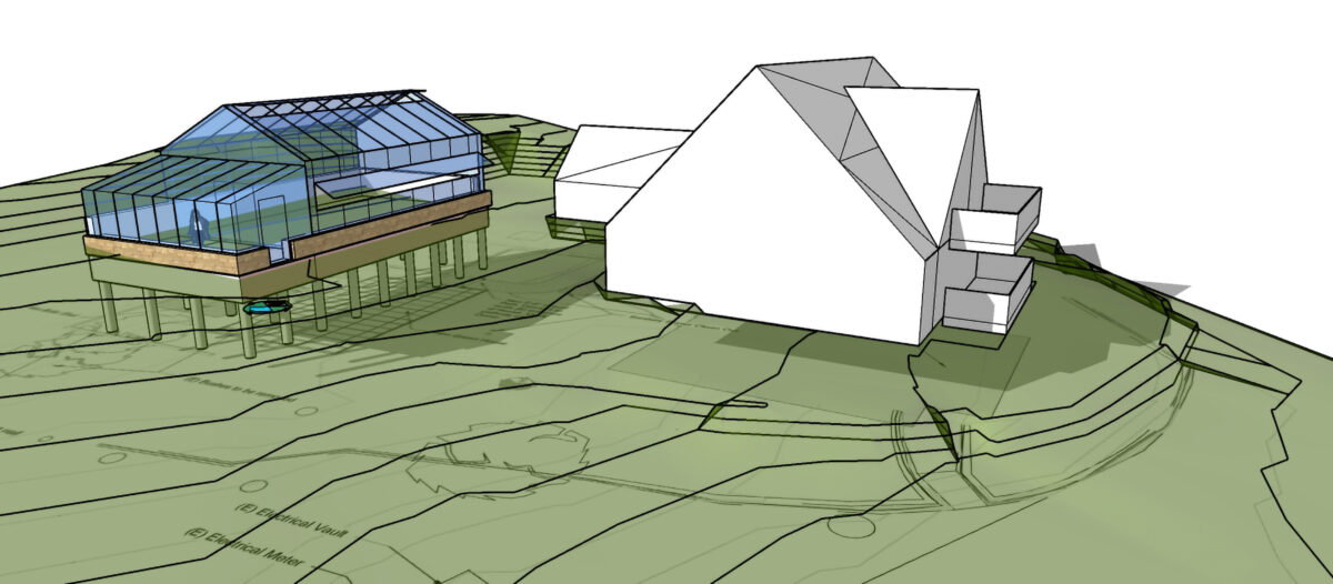 Animated blueprint of a house next to a greenhouse situated on a green plain