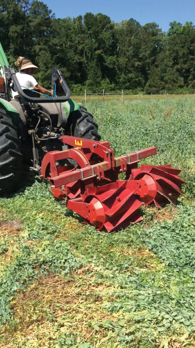 Red Roller Crimper attached to a tractor