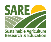 SARE logo featuring a yellow setting sun and two green hills with contour lines