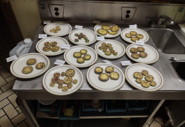 Plates of different varieties of cooked squash for a taste testing trail. 