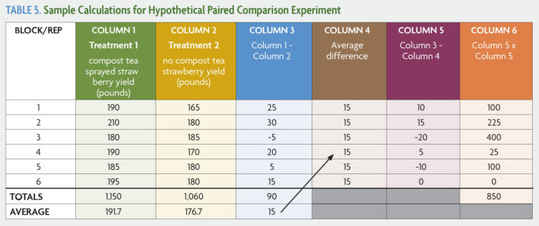 Table 5 Table for Sample Calculations for an experiment with different columns with different colors with filled in numbers
