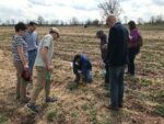 A group of farmer scientists working in a field. They are gathered around a person kneeling in the dirt demonstrating use of a device.