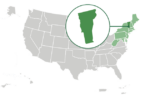 Map highlighting northeast SARE in green, with a circle popout of vermont