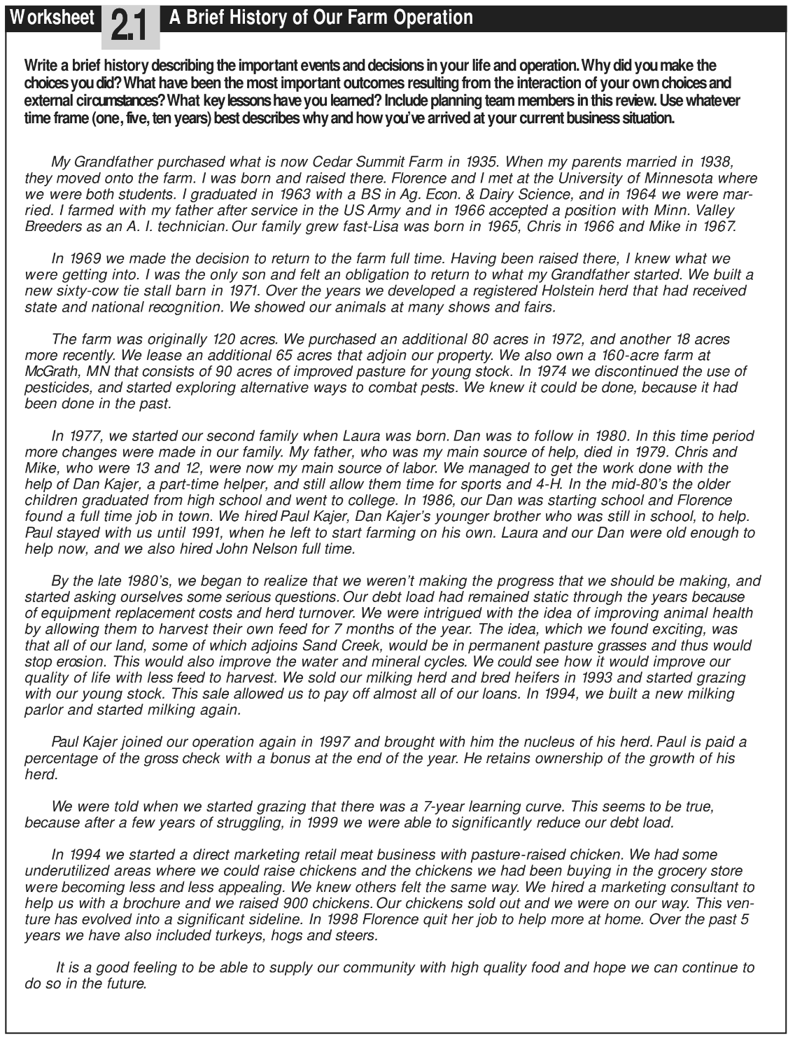 Farm History and Current Situation - What Have You Got? - SARE