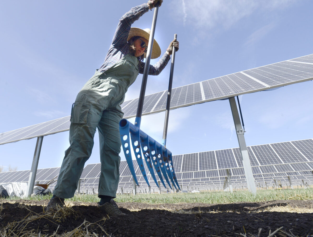 A woman holding a pitchfork towards the ground in front of solar panels outside