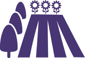 purple cartoon field of crops with sunflowers and trees