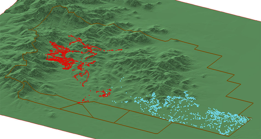 map of grazing patterns with red dots indicating uphill locations and blue dots indicating grazing spots at the bottom of hills