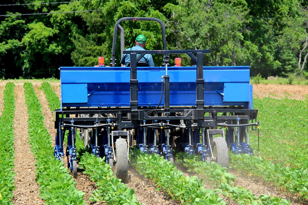 interseeding with a man driving a blue tractor over four rows of crops