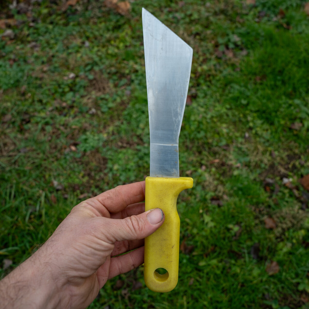 A hand holding a harvest knife.