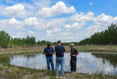 Three men standing around a pond talking