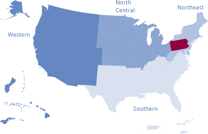 Map of the United States with Pennsylvania highlighted.