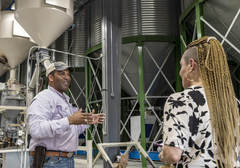 P.J. Haynie, a fifth-generation row crop farmer, gives USDA Deputy Secretary Dr. Jewel Bronaugh a tour of Arkansas River Rice mill
