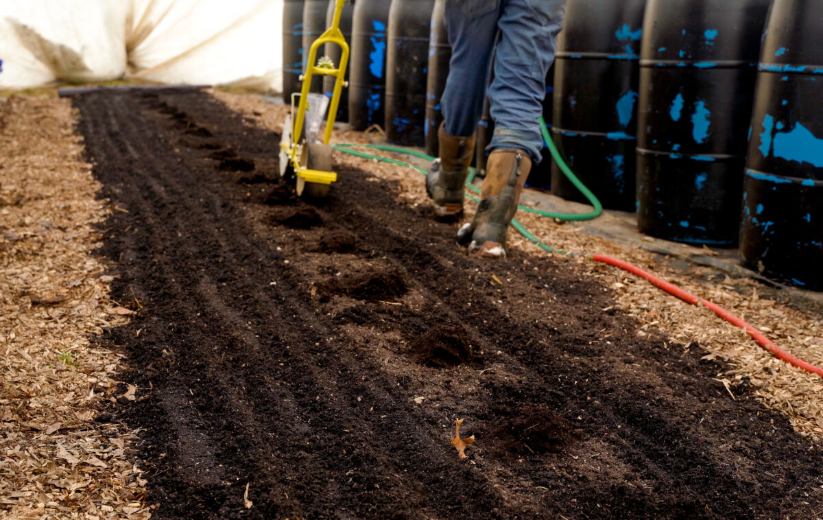 A person is walking alongside a bed with a seeder to put seeds into rows that are along the edge of the bed. In the middle of the bed is a row of circular depressions where other plants will go.