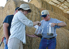 farmers farmers standing together looking at two jars